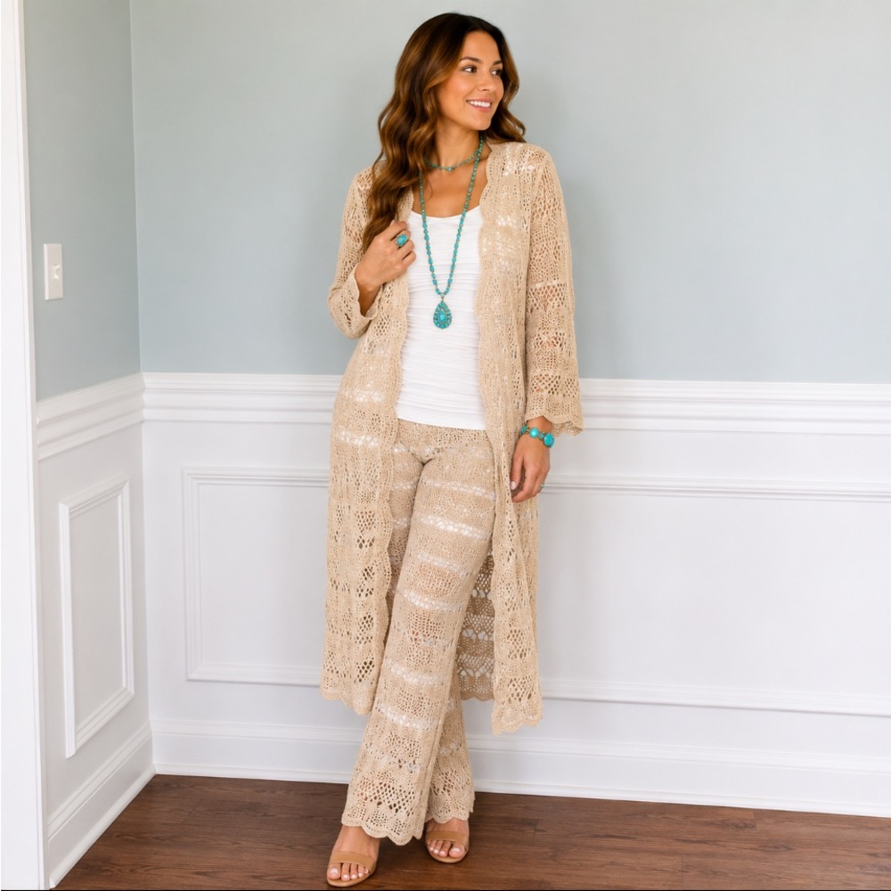 TOFFEE APPLE Beige Crochet Long Open Cardigan Size Large